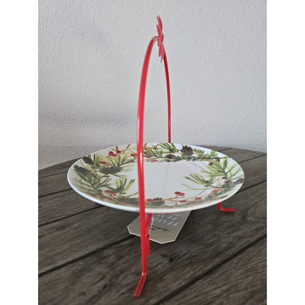 NWT Hallmark Christmas Serving Plate Pine Cones Berries Woodland Red Metal Stand